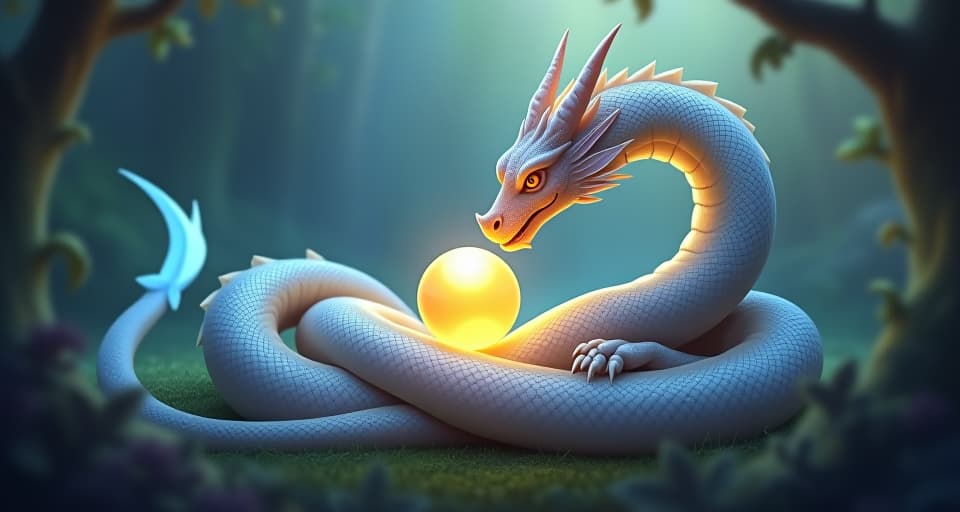  a serene, translucent dragon coiled protectively around a glowing orb in an enchanted glade. the dragon’s scales shimmer with ethereal light, representing divine safeguarding.. the style is digital art illustration,highly detailed, whimsical,magical, dreamlike atmosphere, realism and fantasy blend, smooth, glossy textures,luminous quality, wonder and enchantment.