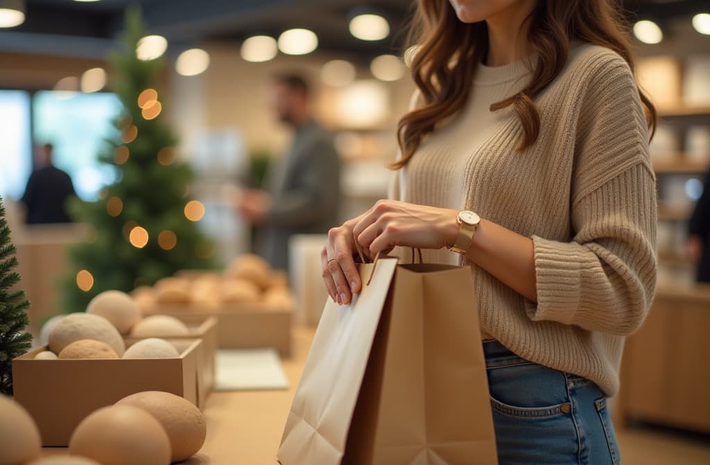  advertising style, stock photo, corporate branding style close up of woman with craft bags at checkout in store. blurred fir tree in background . professional, clean, modern, product focused, commercial, eye catching, minimalist, business oriented, highly detailed