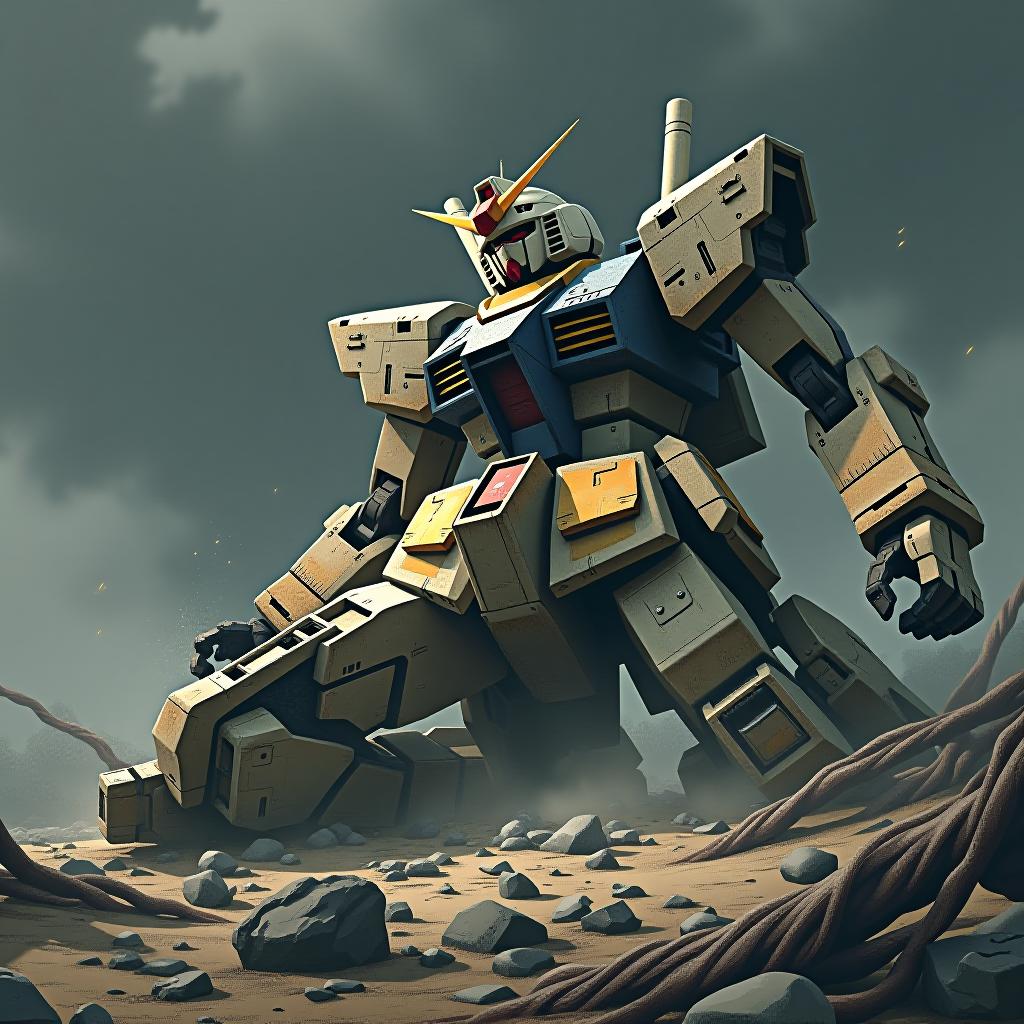  "create an image of a wrecked gundam, depicting a large, battle damaged robot lying in a desolate, post apocalyptic landscape. the gundam should have visible cracks, missing limbs, and exposed internal mechanisms, with sparks or smoke emitting from damaged areas. the setting around it could include debris, twisted metal, and a dark, stormy sky, hinting at a recent battle. the color palette should be gritty and muted, with shades of gray, rust, and faded metallic tones to emphasize the worn, war torn appearance."