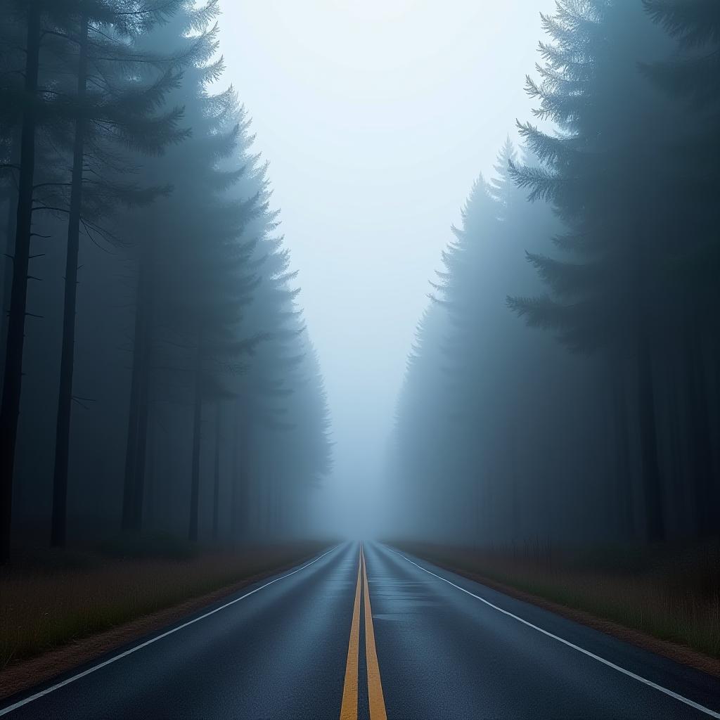  foggy forest road in pine trees