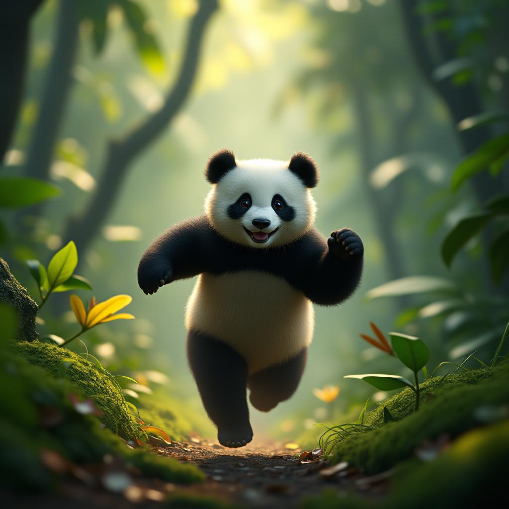  happy panda mum skipping through rich amazon jungle. pixar style up! cgi, cartoon animated hyperrealistic, full body, detailed clothing, highly detailed, cinematic lighting, stunningly beautiful, intricate, sharp focus, f/1. 8, 85mm, (centered image composition), (professionally color graded), ((bright soft diffused light)), volumetric fog, trending on instagram, trending on tumblr, HDR 4K, 8K