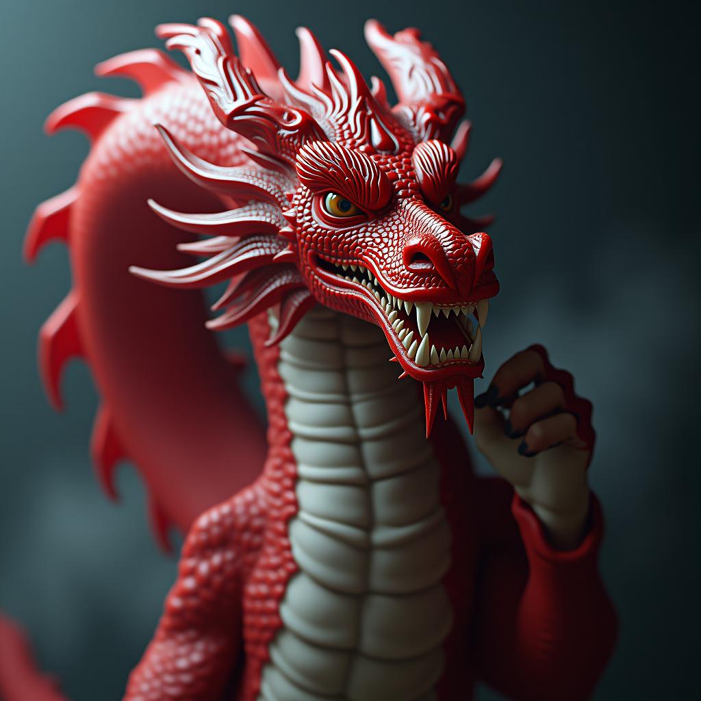  big toothpaste of red dragon hyperrealistic, full body, detailed clothing, highly detailed, cinematic lighting, stunningly beautiful, intricate, sharp focus, f/1. 8, 85mm, (centered image composition), (professionally color graded), ((bright soft diffused light)), volumetric fog, trending on instagram, trending on tumblr, HDR 4K, 8K