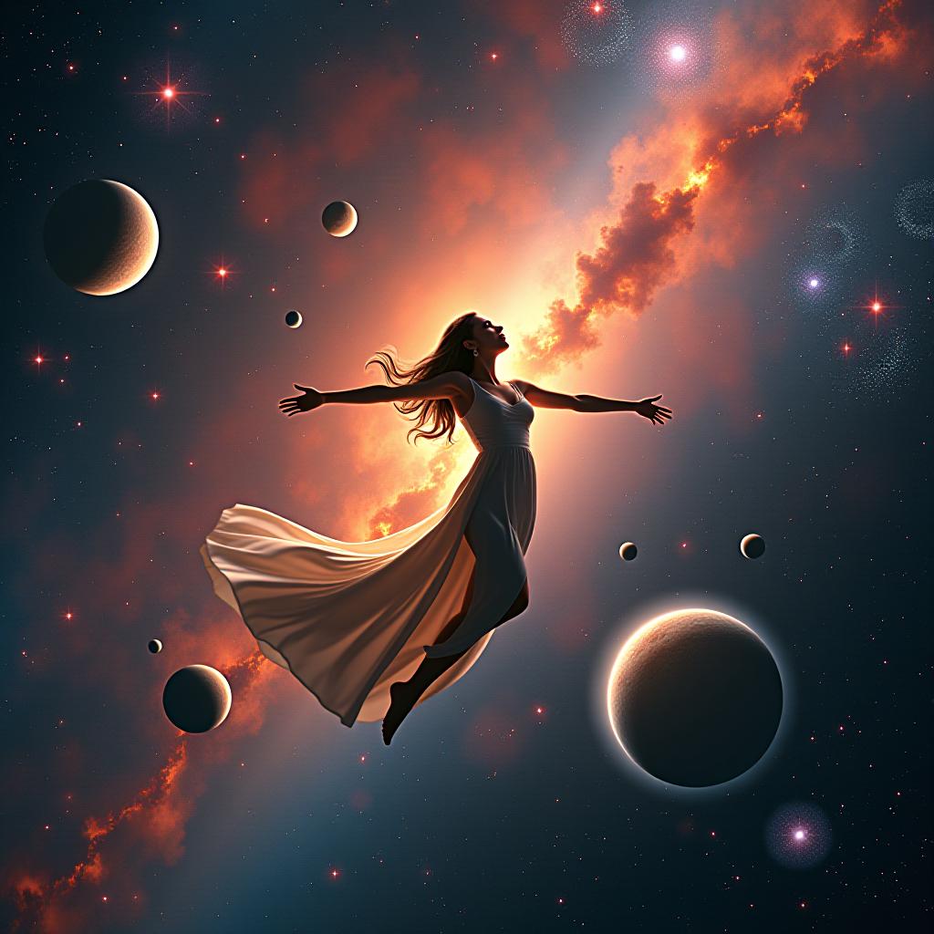  the woman floats effortlessly in space, surrounded by the vibrant colors of the planets and stars. photo realistic, highly intricate and detailed, masterpiece, ultra high res,photography,8k resolution