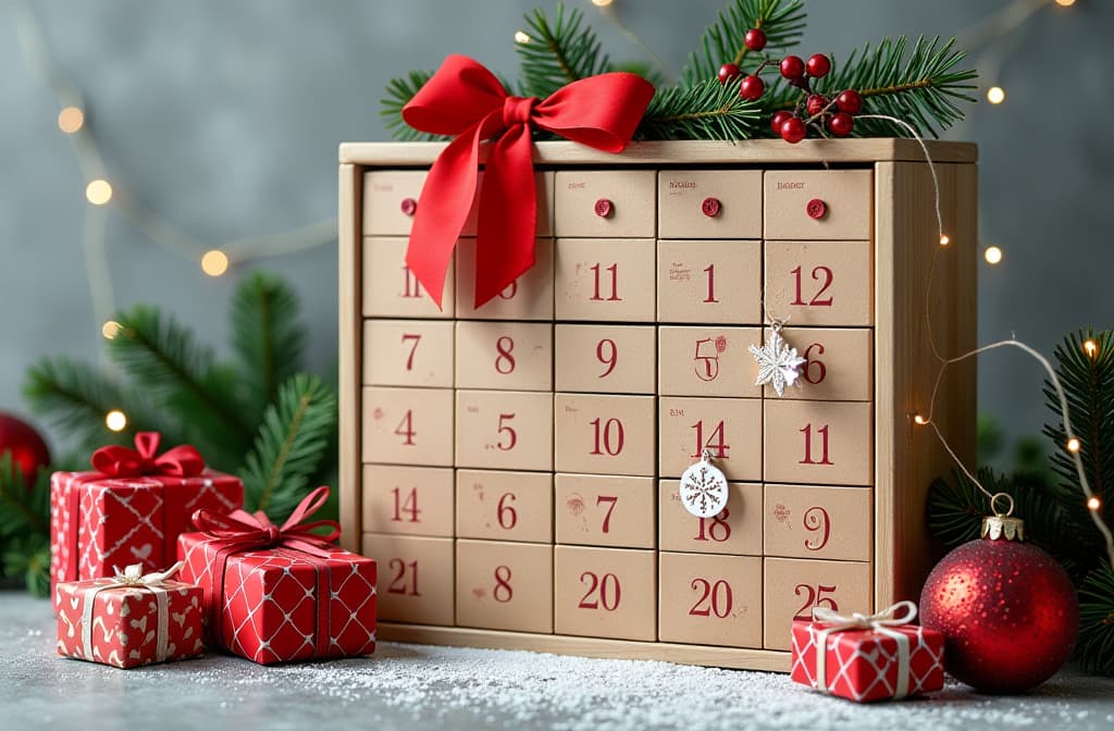  preparation of christmas advent calendar. advent calendar, christmas gifts and decorations on a concrete background 3:2 ar 3:2 {prompt}, maximum details