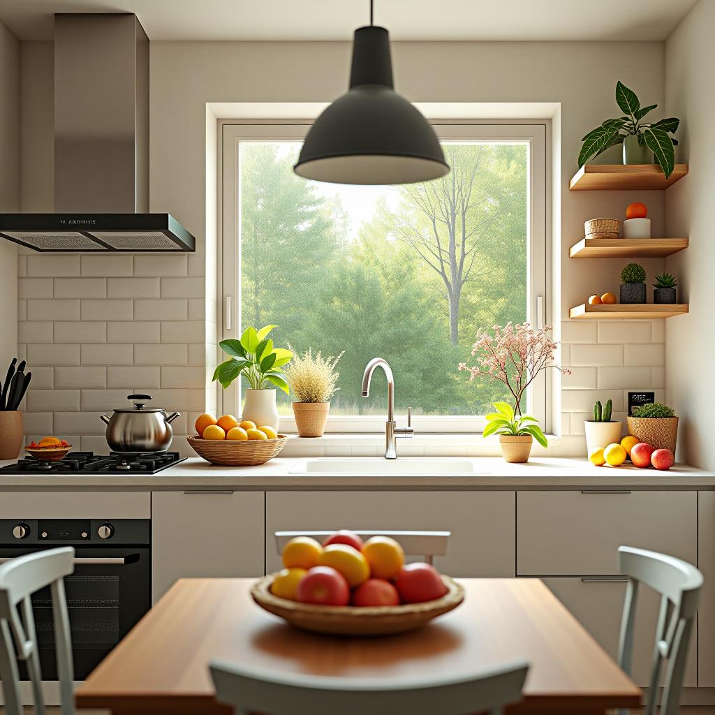  a cozy kitchen in a modern style is decorated in light colors, with seasonal fruits on the table and a view of greenery from the window.