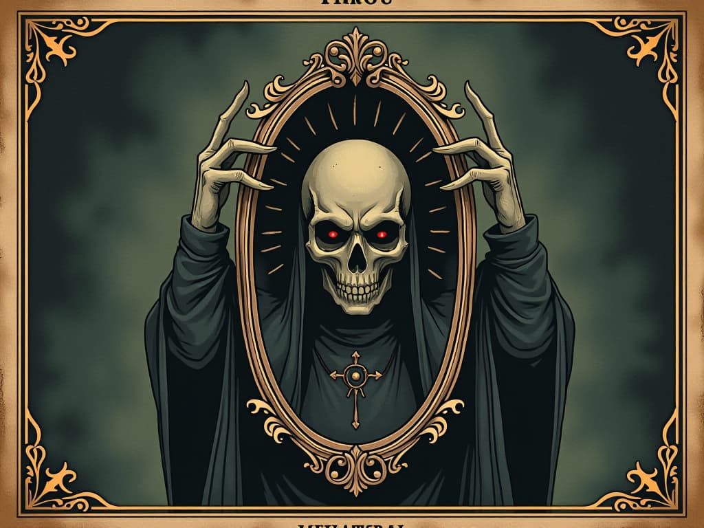  mirror exuding negative energy, shadows contorting unnaturally, sense of vigilance and caution necessary. an illustration in the style of a worn, mystical old tarot trump card, mysterious and elements of surrealism. the colors are muted, somber and eerie, but with contrast bring out an occult and esoteric vibe.