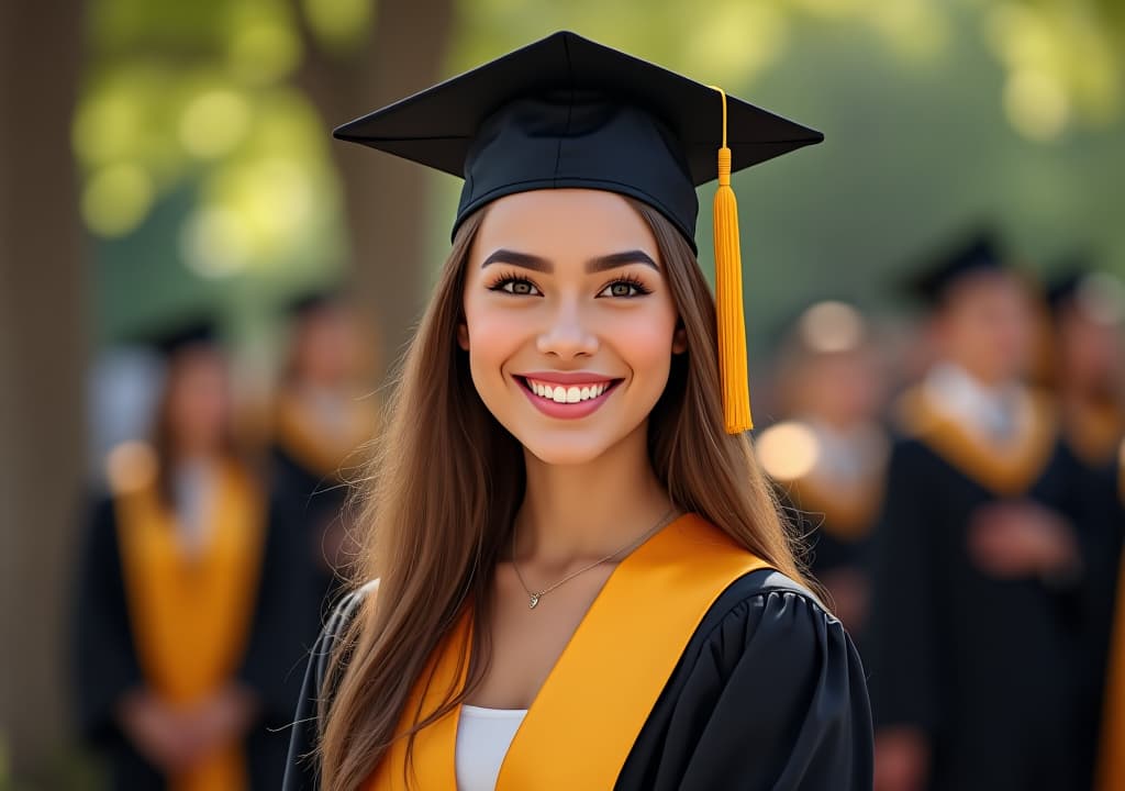  illustration portrait of cheerful young lady in black and yellow graduation gown with cap against of other graduate