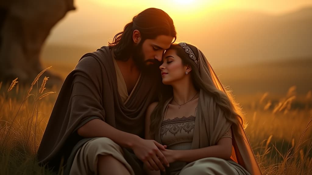  history of biblical times, isaac comforting rebecca, showcasing the warmth and love of their new relationship amidst the scenic beauty of canaan. hyperrealistic, full body, detailed clothing, highly detailed, cinematic lighting, stunningly beautiful, intricate, sharp focus, f/1. 8, 85mm, (centered image composition), (professionally color graded), ((bright soft diffused light)), volumetric fog, trending on instagram, trending on tumblr, HDR 4K, 8K