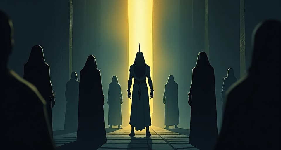  isolated figures in the shadows, eyes filled with envy, observing a protected person surrounded by faint, glowing guardians, night setting. the style is digital art illustration / modern comic book / mysterious occult, symbolic, esoteric vibe,high detail on character design, incorporating ancient egyptian symbology and attire.