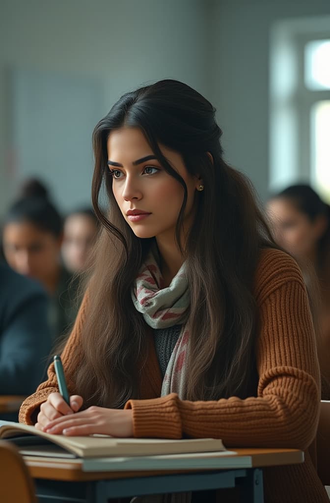  a student at an exam in the class, calls her teacher for help hyperrealistic, full body, detailed clothing, highly detailed, cinematic lighting, stunningly beautiful, intricate, sharp focus, f/1. 8, 85mm, (centered image composition), (professionally color graded), ((bright soft diffused light)), volumetric fog, trending on instagram, trending on tumblr, HDR 4K, 8K