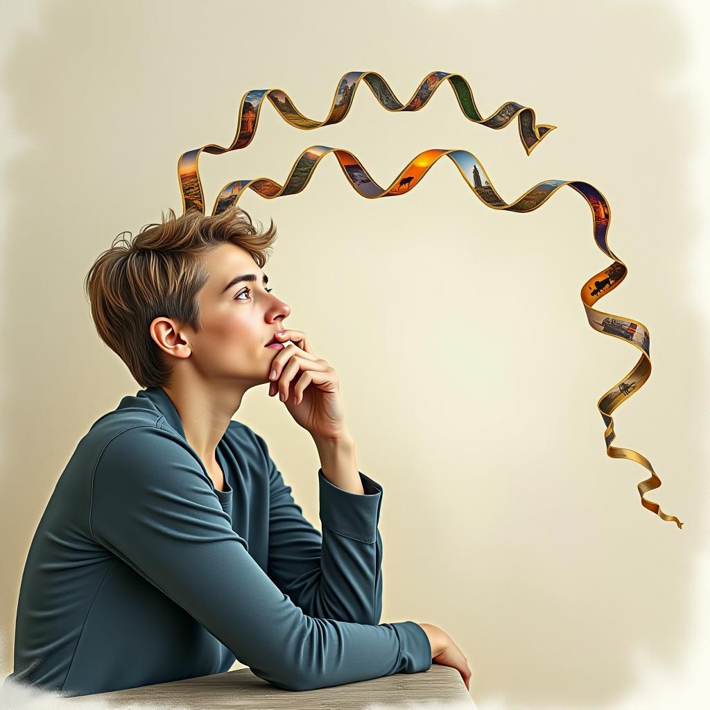  a person is sitting and trying to recall something, with a thoughtful expression on their face. from their head, a ribbon like stream of memories flows out, each memory visually connected to the next. the memories are depicted as scenes or images along the ribbon, showing different moments of their life. towards the end of the ribbon, the stream begins to fray and break apart, symbolizing the loss or fading of these memories. the background is soft and abstract, with a focus on the person and the flowing memory ribbon