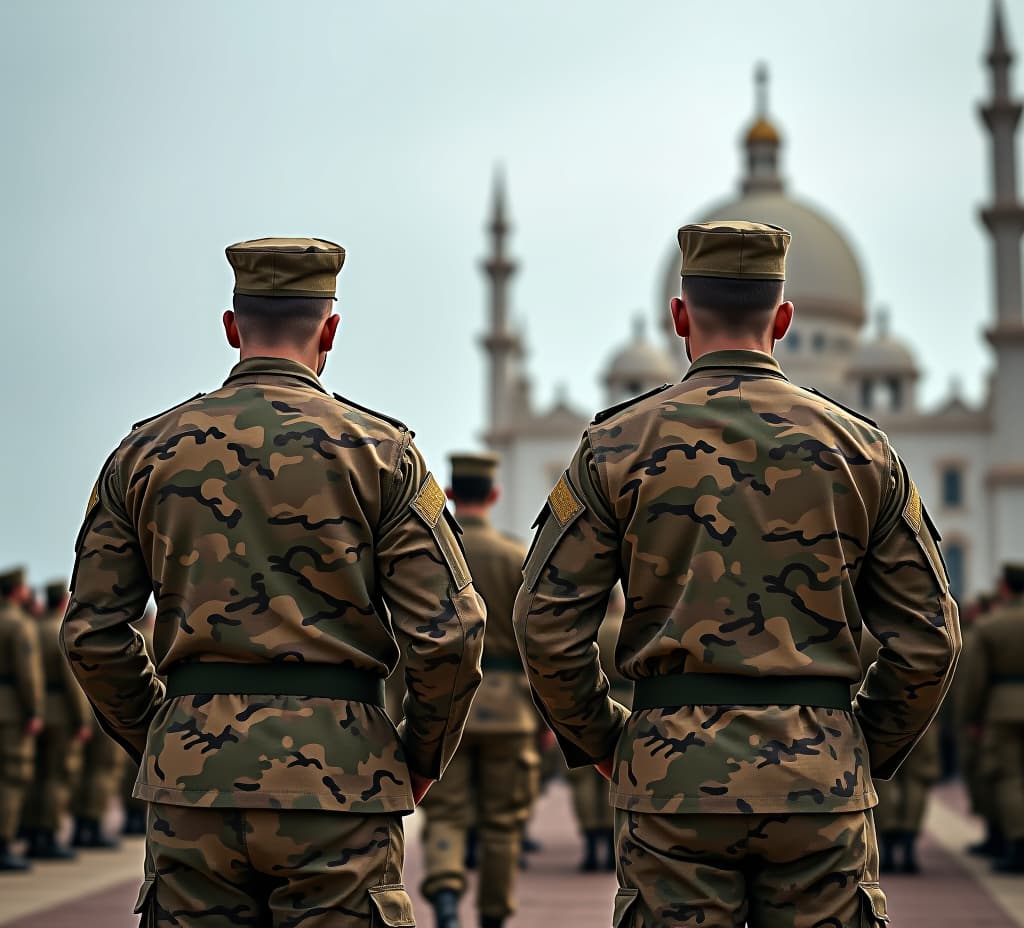  military men standing at attention in formation, back view