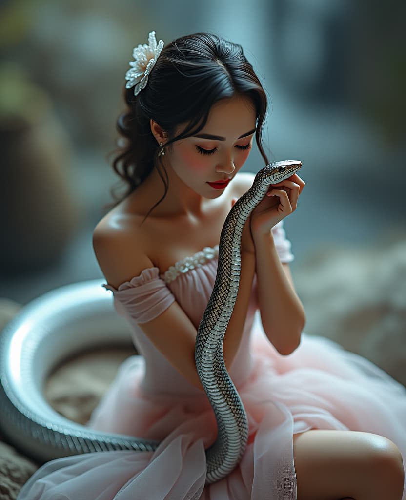  hyperrealistic art in micro dress plays, dances, cares with a big, graceful, elegant, , silver snake . extremely high resolution details, photographic, realism pushed to extreme, fine texture, incredibly lifelike hyperrealistic, full body, detailed clothing, highly detailed, cinematic lighting, stunningly beautiful, intricate, sharp focus, f/1. 8, 85mm, (centered image composition), (professionally color graded), ((bright soft diffused light)), volumetric fog, trending on instagram, trending on tumblr, HDR 4K, 8K