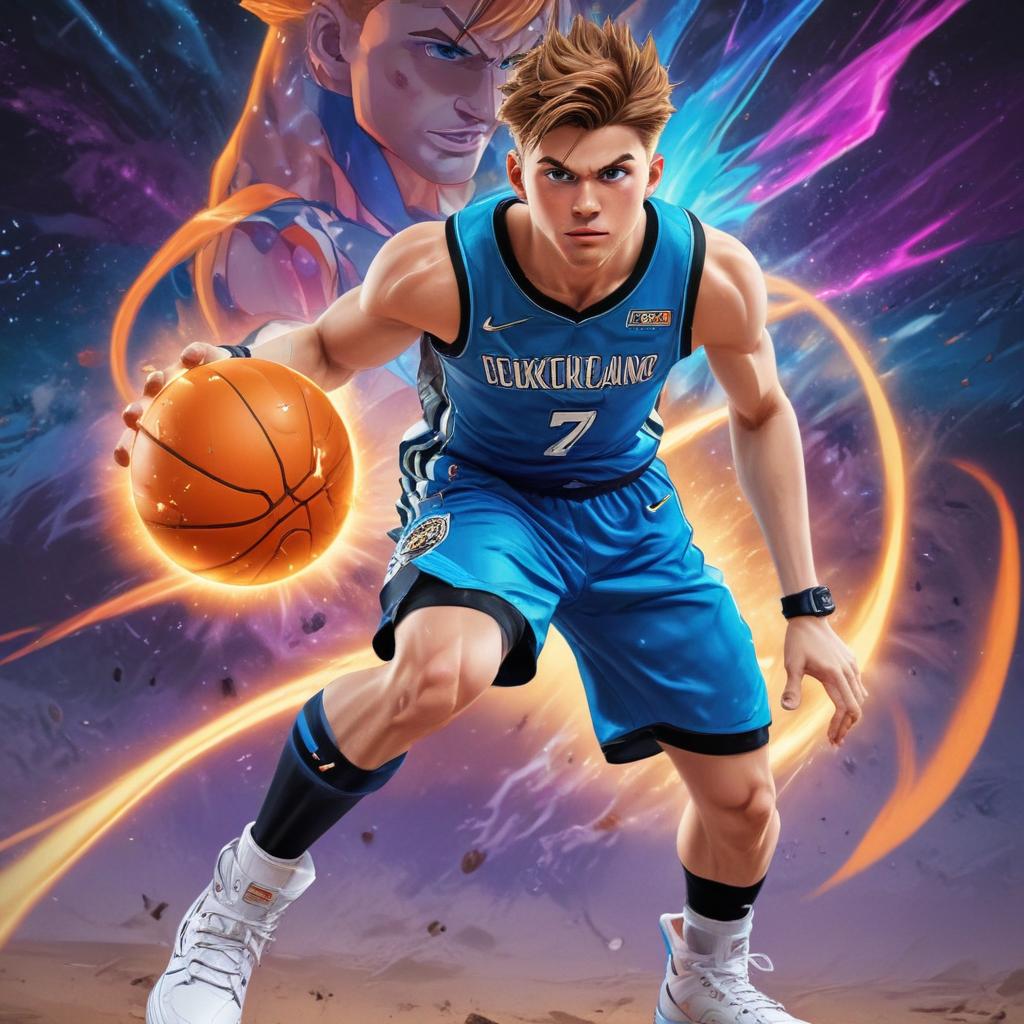 distance-shot, flashy, full-body, dynamic, holographic, animated cartoon poster of luka doncic in the style of dragon ball super