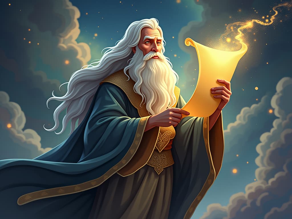  celestial sage in flowing attire, holding a glowing scroll, cosmic backdrop, symbols of wisdom and truth. the style is digital art illustration,highly detailed, whimsical,magical, dreamlike atmosphere, realism and fantasy blend, smooth, glossy textures,luminous quality, wonder and enchantment.