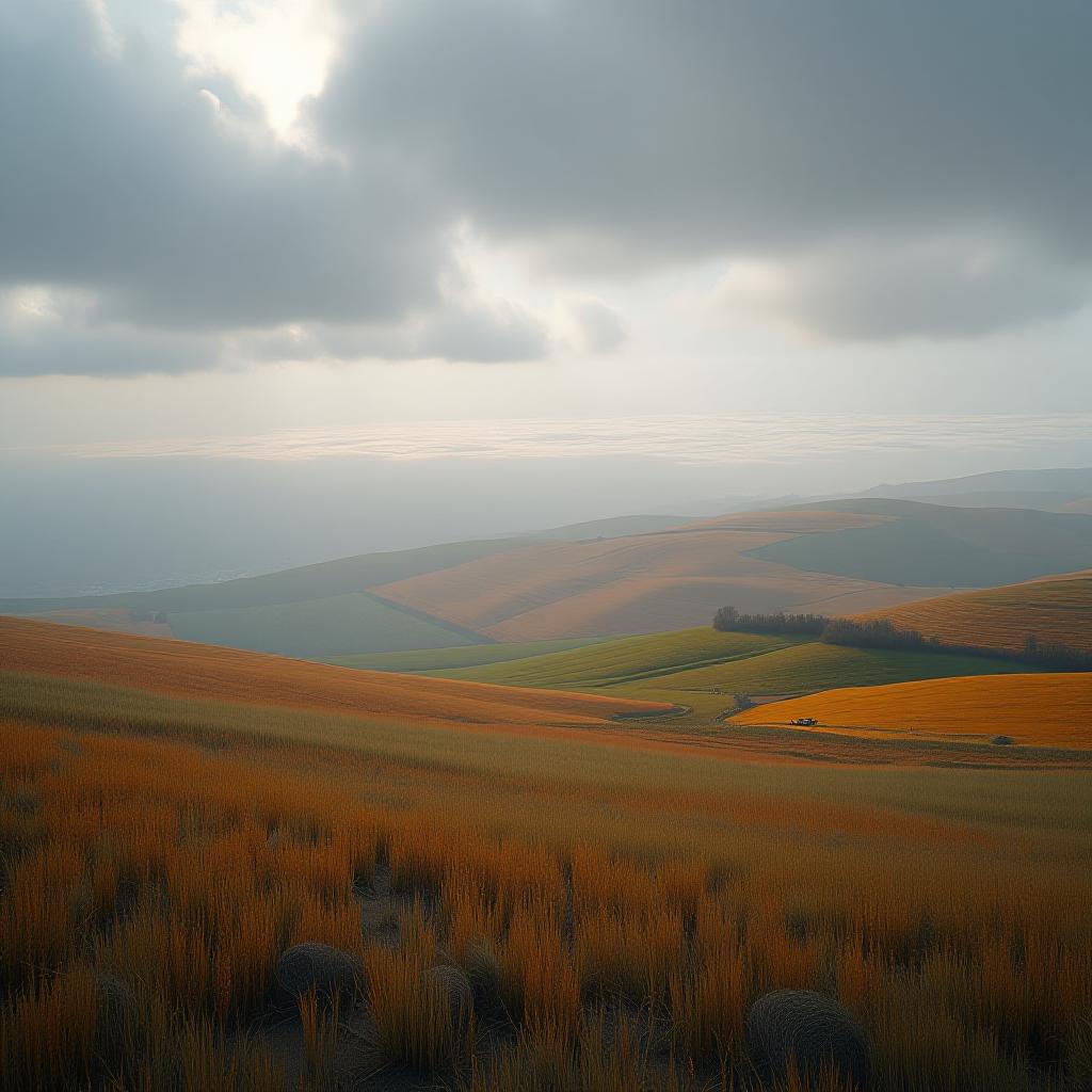  breathtaking autumn fields stretching beyond the horizon a foggy cloudy morning gray clouds froze as if in a timelapse a light fog creeps along the bottom pale but clear colors and borders curvy horizon line landscape , high view frome above, angle view, 4k, artificial extremely high resolution details, photographic, epic realism pushed to extreme, fine texture, incredibly lifelike, complex background, uhd . award winning, professional, highly detailed