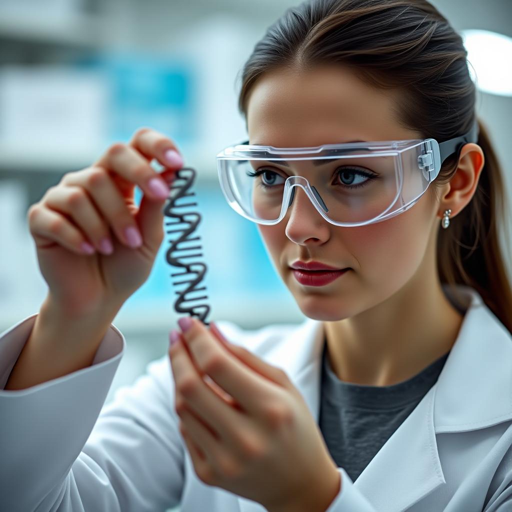  a female scientist wearing safety goggles examines a strand of dna in a lab setting.