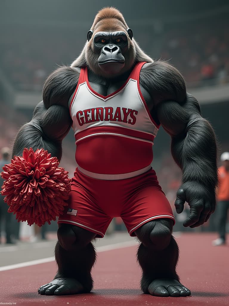  muscular gorilla,super good looking gorilla,((cheerleader dress wearing,cheerleading gorilla 🦍:1.4))8k,high res,absurd,employed,