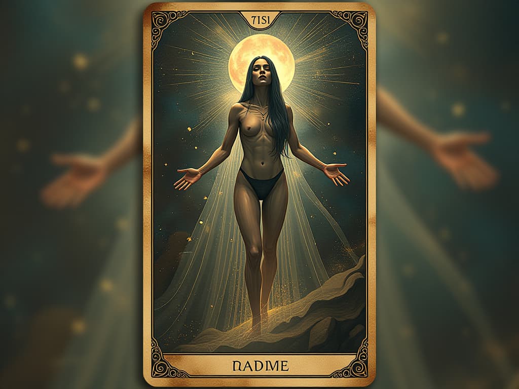  body merging with higher realms, figure partially transparent, luminous sparkles around, mystical, transcendent. an illustration in the style of a worn, mystical old tarot trump card, mysterious and elements of surrealism. the colors are muted, somber and eerie, but with contrast bring out an occult and esoteric vibe.