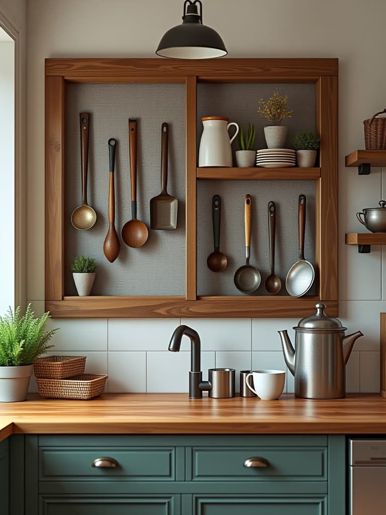  high quality portrait photo of a farmhouse style kitchen featuring a large, rustic wooden frame with chicken wire backing, displaying an assortment of vintage kitchen utensils and small potted plants hyperrealistic, full body, detailed clothing, highly detailed, cinematic lighting, stunningly beautiful, intricate, sharp focus, f/1. 8, 85mm, (centered image composition), (professionally color graded), ((bright soft diffused light)), volumetric fog, trending on instagram, trending on tumblr, HDR 4K, 8K