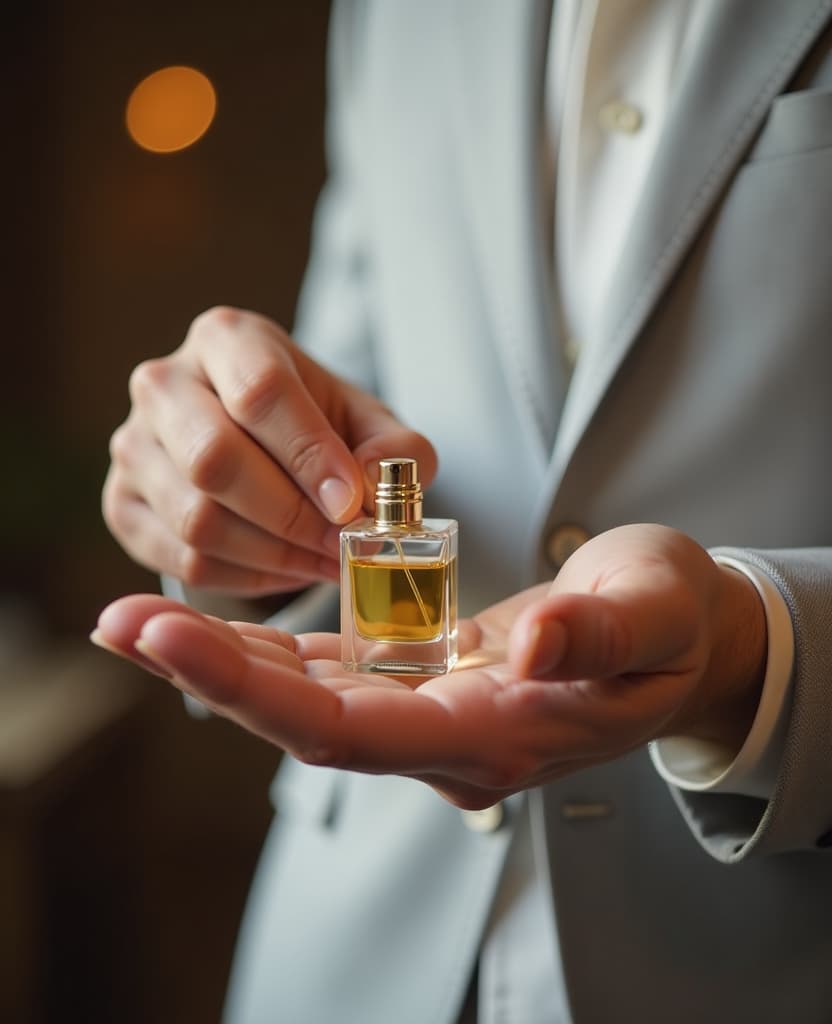  man demonstration of the process of applying perfume on the wrist using perfume, hands, it is convenient to use our product