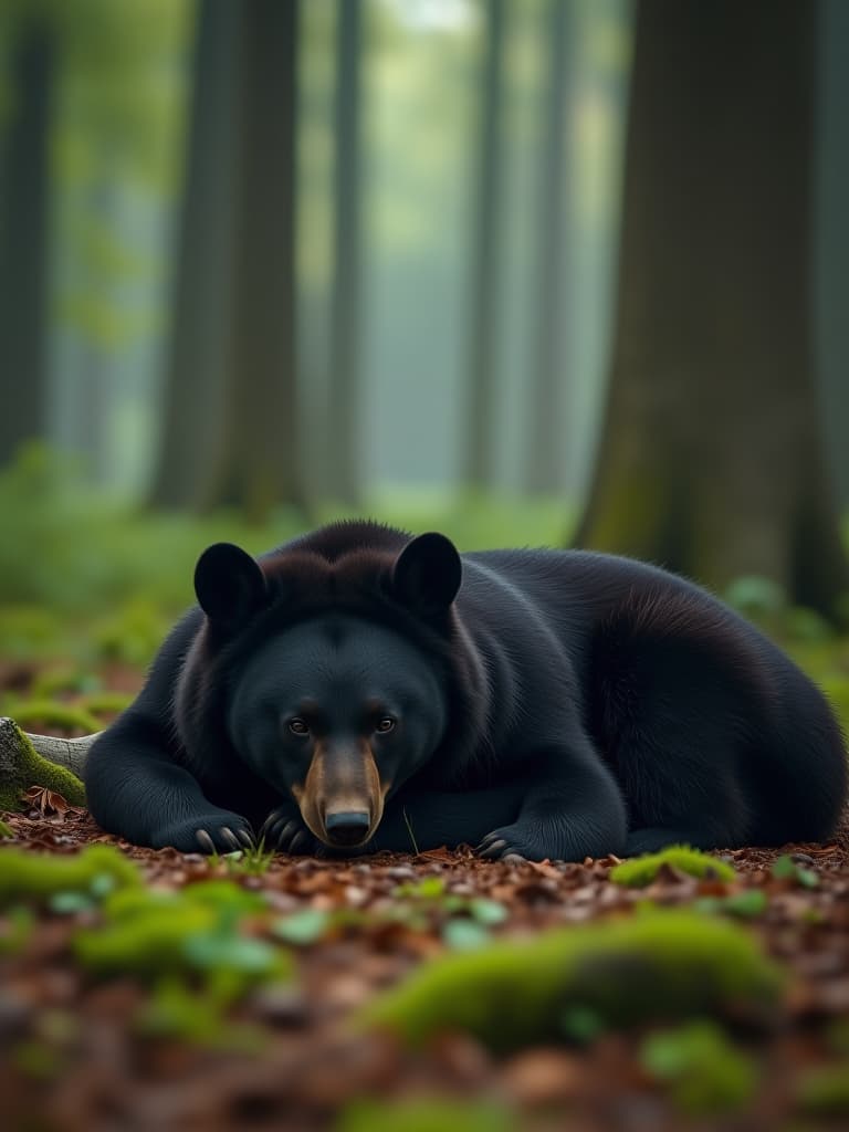  black bear lies on the ground, forest photo realistic, highly intricate and detailed, masterpiece, ultra high res,photography,8k resolution