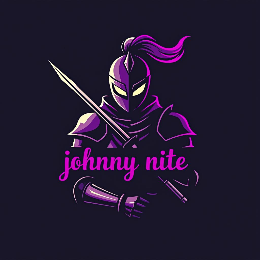  design a logo, in a minimalism style. knight graffiti purple and black, with the text 'johnny nite'.