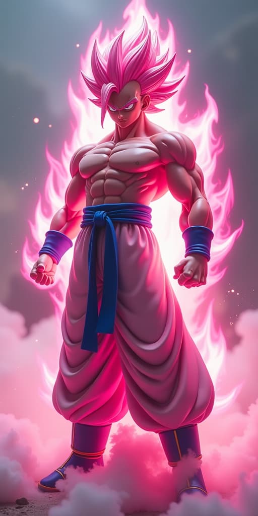  generate an art image. style photorealism. from dragon ball super series gogeta ssg light pink form hyperrealistic, full body, detailed clothing, highly detailed, cinematic lighting, stunningly beautiful, intricate, sharp focus, f/1. 8, 85mm, (centered image composition), (professionally color graded), ((bright soft diffused light)), volumetric fog, trending on instagram, trending on tumblr, HDR 4K, 8K