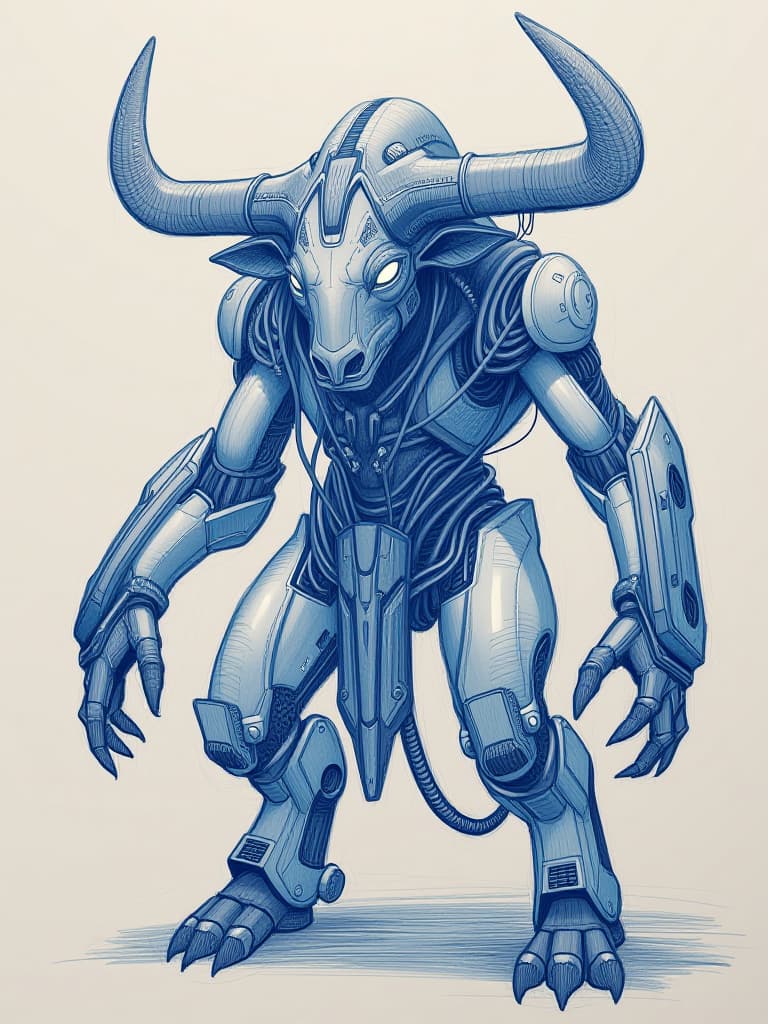  (creepy mechanical anthropomorphic minotaur:1.3), intricately drawn with a (blue ballpoint pen:1.2), showcasing (high detail:1.3) in every feature. the minotaur's (powerful electromechanical prostheses:1.1) and (augmentations:1.2) are highlighted with a web of (cables:1.3) and (wires:1.3), adding to its imposing presence. the character has a (cybernetic bull appearance:1.2) with (sharp horns:1.1) and (glowing eyes:1.2). the (concept sketch:1.1) employs (cross hatching:1.3), (stippling shades:1.2), and detailed (shadows:1.2) to create a (volumetric image:1.3) that evokes a sense of depth and complexity.