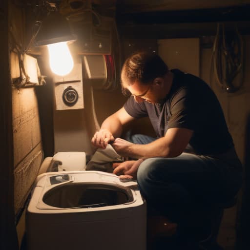 A photo of a repair technician examining a disassembled washing machine in a dimly lit basement during late afternoon with warm, soft backlighting.