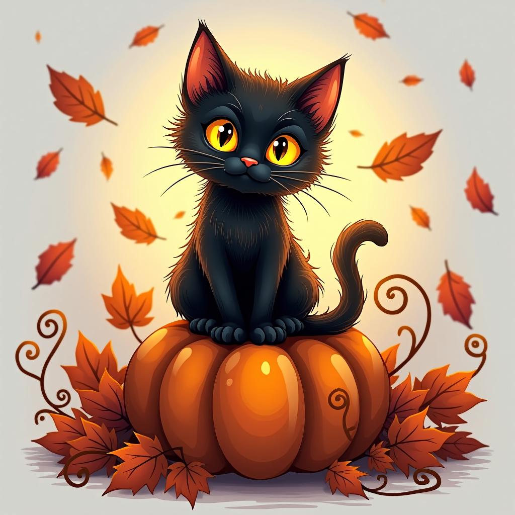  a cute black cat with glowing eyes sitting on a pumpkin, surrounded by swirling autumn leaves in a whimsical style, with warm, moody lighting. t shirt design, vector, contour, white background, no mockup hyperrealistic, full body, detailed clothing, highly detailed, cinematic lighting, stunningly beautiful, intricate, sharp focus, f/1. 8, 85mm, (centered image composition), (professionally color graded), ((bright soft diffused light)), volumetric fog, trending on instagram, trending on tumblr, HDR 4K, 8K