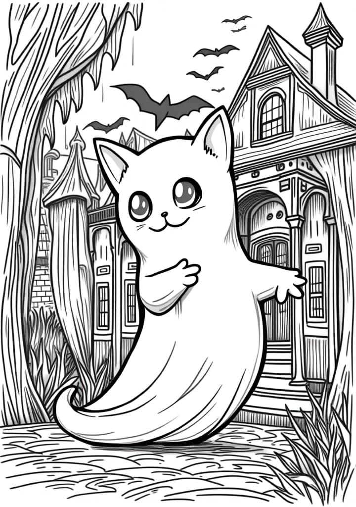  you're a coloring book bot. your job is to make delightful elementary appropriate coloring book pages. a coloring book page is as follows: black and white outlines, low complexity. very simplistic, easy for s to color in. always appropriate, whimsical themes, white background, (no colour)++, (no shading)++, black lines, a ghost cat haunting a spooky abandoned mansion, with eerie glowing eyes and cobwebs draping the furniture. add a small star shape outline to the background. blend it into the picture. make it challenging for a to find. the image should be a high contrast, black and white line drawing on a blank white background, with no shadows or borders, and should utilise the entire space without leaving any unn hyperrealistic, full body, detailed clothing, highly detailed, cinematic lighting, stunningly beautiful, intricate, sharp focus, f/1. 8, 85mm, (centered image composition), (professionally color graded), ((bright soft diffused light)), volumetric fog, trending on instagram, trending on tumblr, HDR 4K, 8K