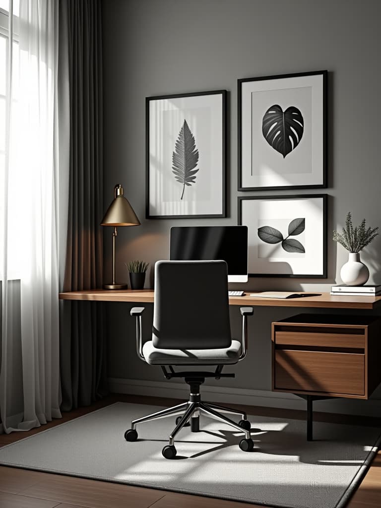  high quality portrait photo of a chic home office corner with a floating desk, ergonomic chair, and a gallery wall of black and white prints hyperrealistic, full body, detailed clothing, highly detailed, cinematic lighting, stunningly beautiful, intricate, sharp focus, f/1. 8, 85mm, (centered image composition), (professionally color graded), ((bright soft diffused light)), volumetric fog, trending on instagram, trending on tumblr, HDR 4K, 8K