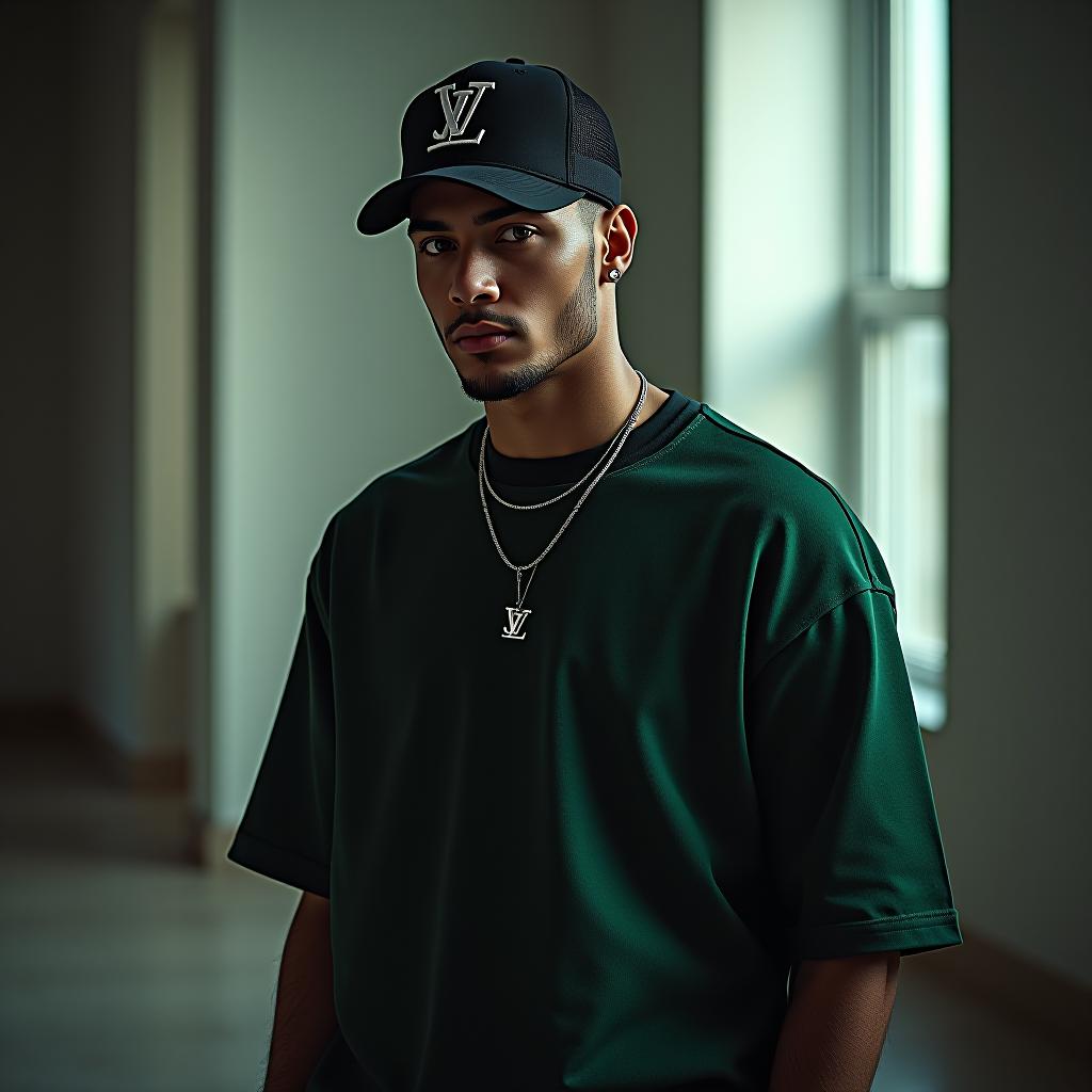  a stylish fashion portrait of a man in a black and green t shirt, with a nice black cap with a designer logo. the setting is a modern, understated interior that contrasts with the extravagant outfit. the lighting is soft and diffused, creating a sophisticated atmosphere. captured with a professional studio setup, inspired by avant garde fashion photography, with detailed focus on fabric texture and accessory design, hd quality, natural look ar 2:3 v 6.0 hyperrealistic, full body, detailed clothing, highly detailed, cinematic lighting, stunningly beautiful, intricate, sharp focus, f/1. 8, 85mm, (centered image composition), (professionally color graded), ((bright soft diffused light)), volumetric fog, trending on instagram, trending on tumblr, HDR 4K, 8K