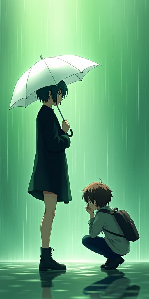  two anime characters in a serene, rainy setting. one character is standing with a white umbrella, wearing a black outfit and looking thoughtfully at the other character who is crouching with a backpack. the background features soft green hues with a slightly blurred effect, giving a dreamy atmosphere. use intricate line work, vibrant colors, and a mix of realism and anime style. add a slight magical aura around the characters to make the scene more whimsical.