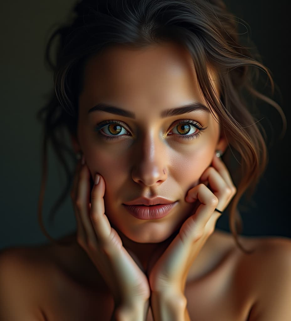  portrait of a , no clothes on body, are covered by own hand, full shot, high quality, best quality, blurred background, center focused, ultra details, realistic, masterpiece, high quality, high details, hd, uhd, beautiful lighting, great composition, disheveled hair, detailed eyes, perfect composition, moist skin, intricate details, earrings, 4k epic detailed, shot on kodak, 35mm photo, sharp focus, high budget, cinemascope, moody, epic, gorgeous