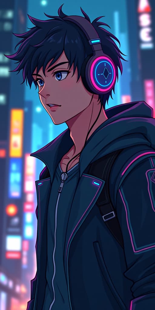  anime, full body portrait of a young man in a futuristic, cyberpunk city at night, wearing high tech headphones and a sleek, futuristic outfit with intricate details. the man has tousled hair and a focused expression, with neon lights reflecting off his gear. the background features a cityscape with tall buildings and glowing advertisements, evoking a high tech, immersive atmosphere