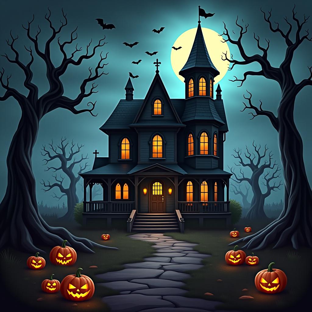  create a seamless digital painting of a spooky, halloween themed scene featuring a haunted house with gothic architecture. the house should be surrounded by twisted, gnarled trees and a multitude of jack o' lanterns. the scene should include a dark, cloudy sky to enhance the eerie atmosphere. the overall style should be detailed and atmospheric, capturing the essence of a haunted, creepy environment perfect for halloween, ensuring the design is seamless for use in repeating patterns or wraps.