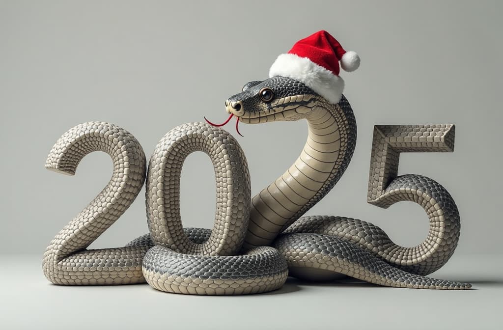  snake, symbol of the year, wriggles with numbers 2025, on the head of the snake is a santa hat, clean gray background, {prompt}, maximum details