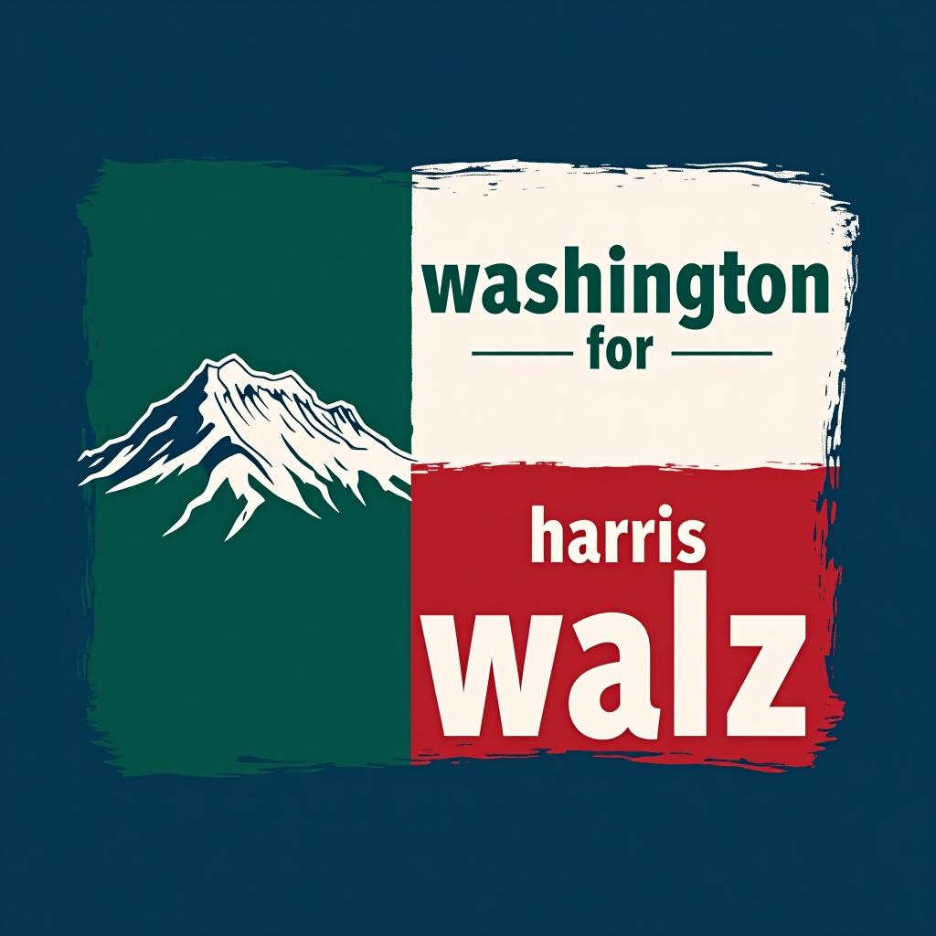  a tshirt design inspired by the washington state flag. the left side features a green vertical stripe with a large mountain in the center. the right side is divided into two horizontal sections: the top section is white with the text 'washington for' in bold, green, uppercase letters, and the bottom section is red with the text 'harris walz' in bold, white, uppercase letters. the overall layout is clean and straightforward, with a clear and patriotic color scheme of blue, white, and red.