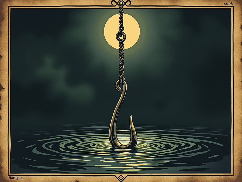  empty hooks sinking into dark watery depths, insignificant, irrelevant, dark waters, futile efforts. an illustration in the style of a worn, mystical old tarot trump card, mysterious and elements of surrealism. the colors are muted, somber and eerie, but with contrast bring out an occult and esoteric vibe.