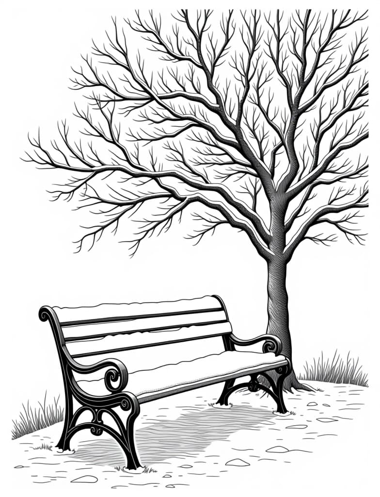  this is for an adult coloring page. a detailed black and white line art of a snowy snow covered park bench under a leafless tree on a solid white background.