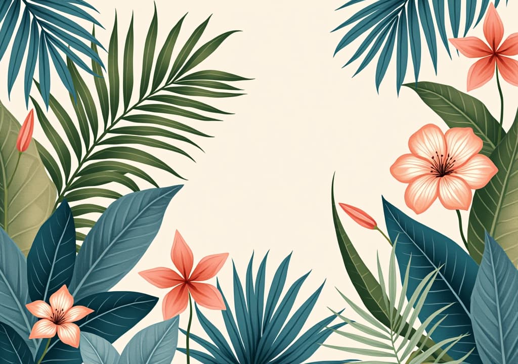  tropical floral wallpaper. illustrations of plants, palm leaves and flowers for poster, greeting card, background or invitation. muted trendy blue, beige, gold and bronze colors