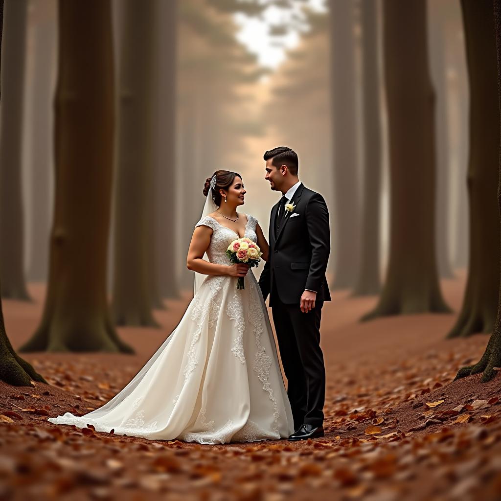  a guy and a girl on their wedding day in a fairy tale forest with chocolate trees.