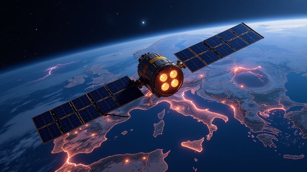  prompt: create an ultra realistic and detailed image of a meteosat weather satellite equipped with the groundbreaking lightning imager technology. show the satellite in orbit above earth, with its four state of the art cameras capturing lightning discharges over europe, africa, and parts of south america. display the satellite's ability to monitor up to 1000 images per second, showcasing its continuous observation of vast geographical areas. include dramatic and colorful lightning strikes, empha