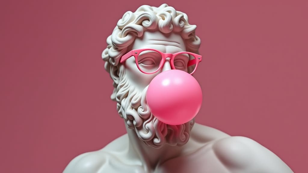  greek sculpture of zeus wearing pink glasses with an inflated pink bubble gum bubble.