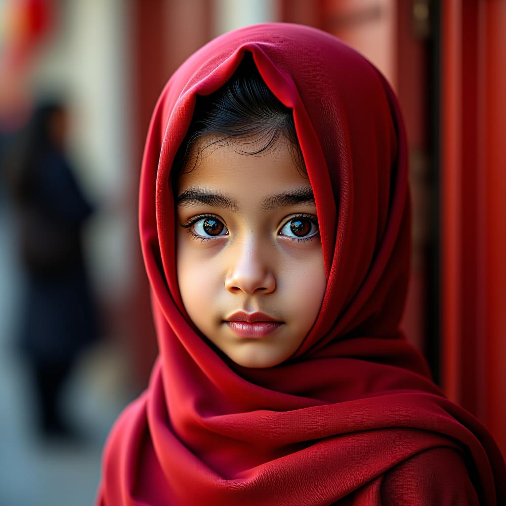  a muslim girl with blue eyes in red is in china.