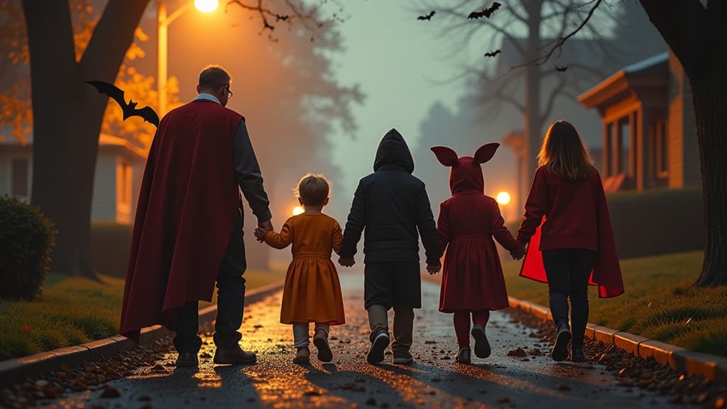  photo of family in halloween costumes ar 16:9 {prompt}, maximum details