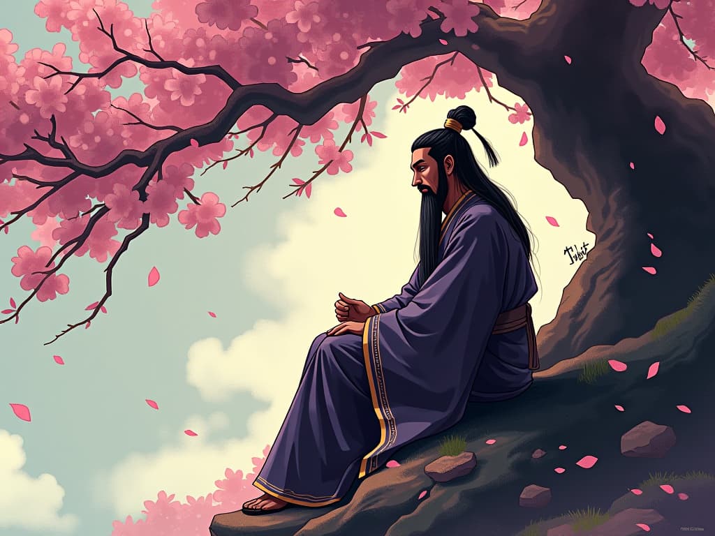  venerated ancient philosopher, dressed in traditional chinese robes, contemplating under a cherry blossom tree, symbolizing deep reflection on reality. the style is digital art illustration / modern comic book / mysterious occult, symbolic, esoteric vibe,high detail on character design, incorporating ancient egyptian symbology and attire.