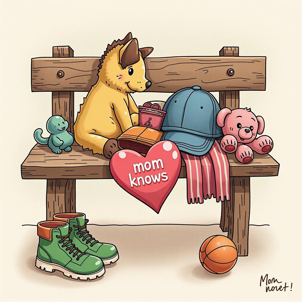  a toy, a cap, a diary, and a little ball. a heart ♥️ with the inscription "mom knows" not on the item, but in the corner of the picture. forgotten items in a children's club, lying on a bench. the picture is drawn.